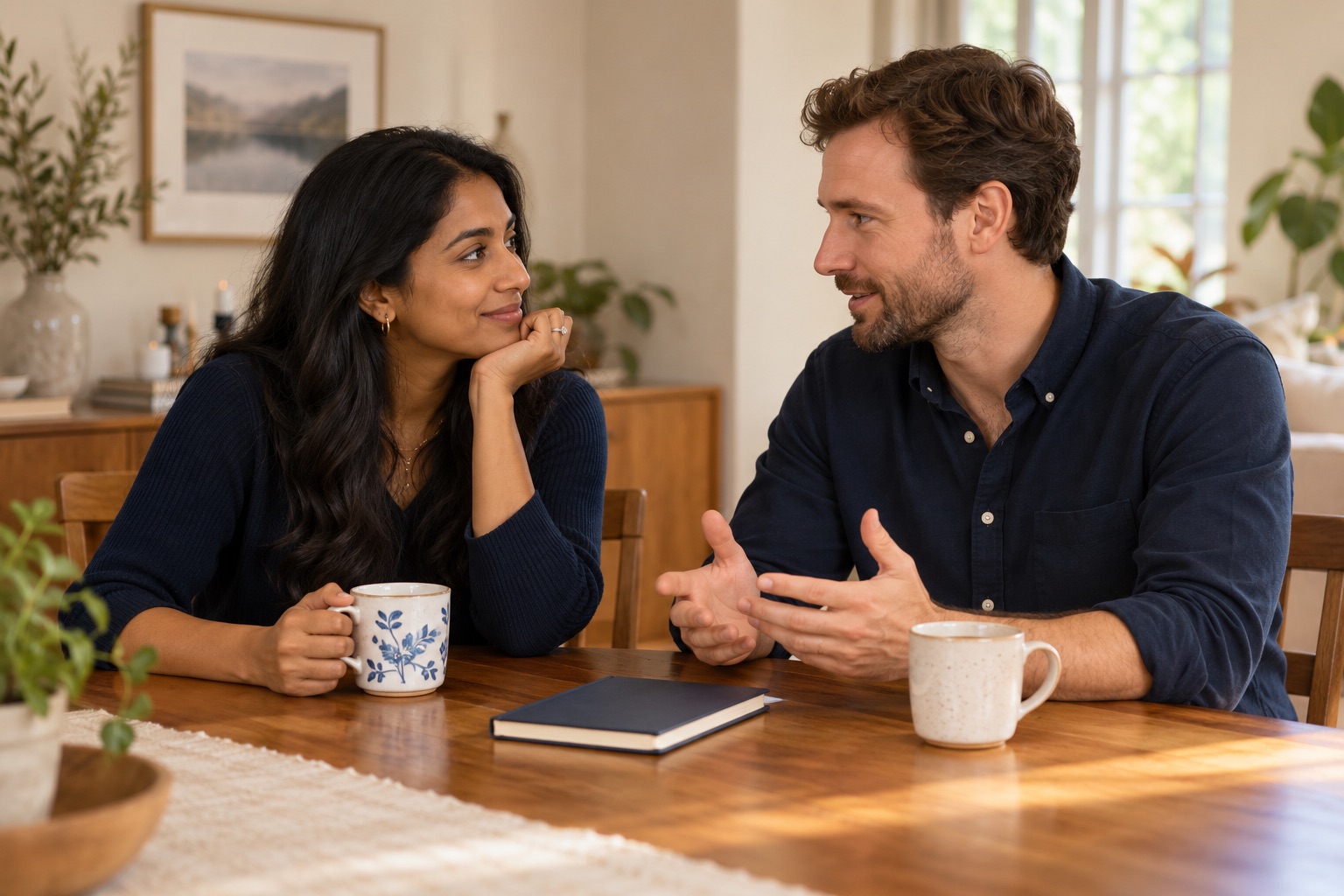An engaged couple talking attentively over coffee and a notebook at home.
