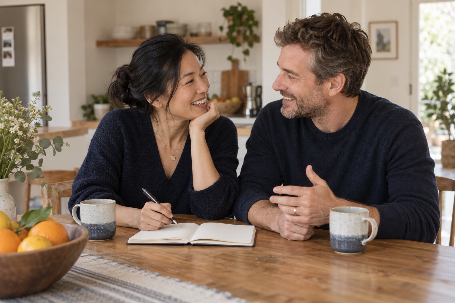 A couple sharing a warm conversation while planning their week together.