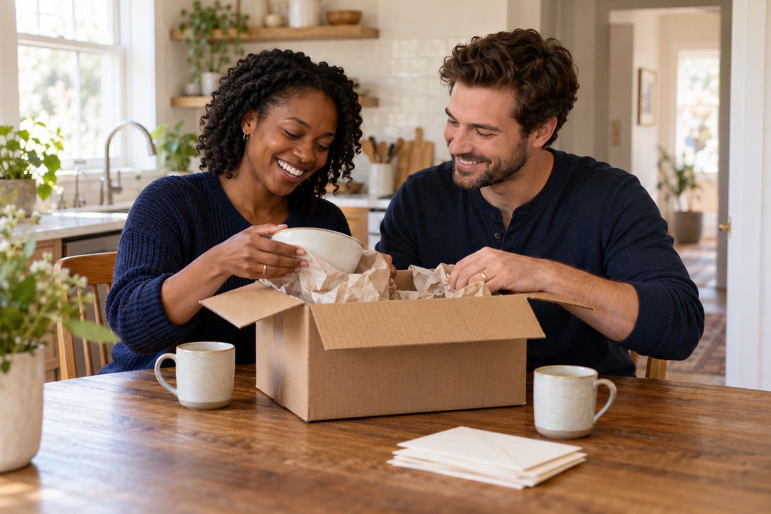 Newlyweds unpacking ceramic mugs together in their first shared kitchen.