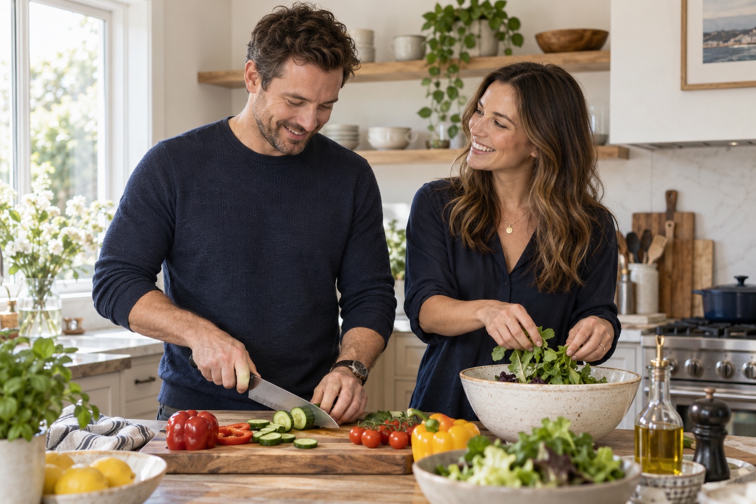 A husband and his partner preparing dinner together and sharing the work.
